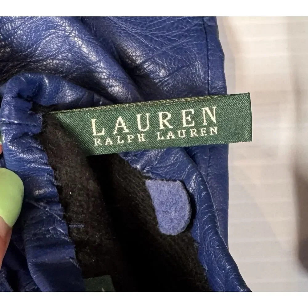 Lauren Ralph Lauren Blue Leather Gloves Womens L Gold Crest Buttons Lined